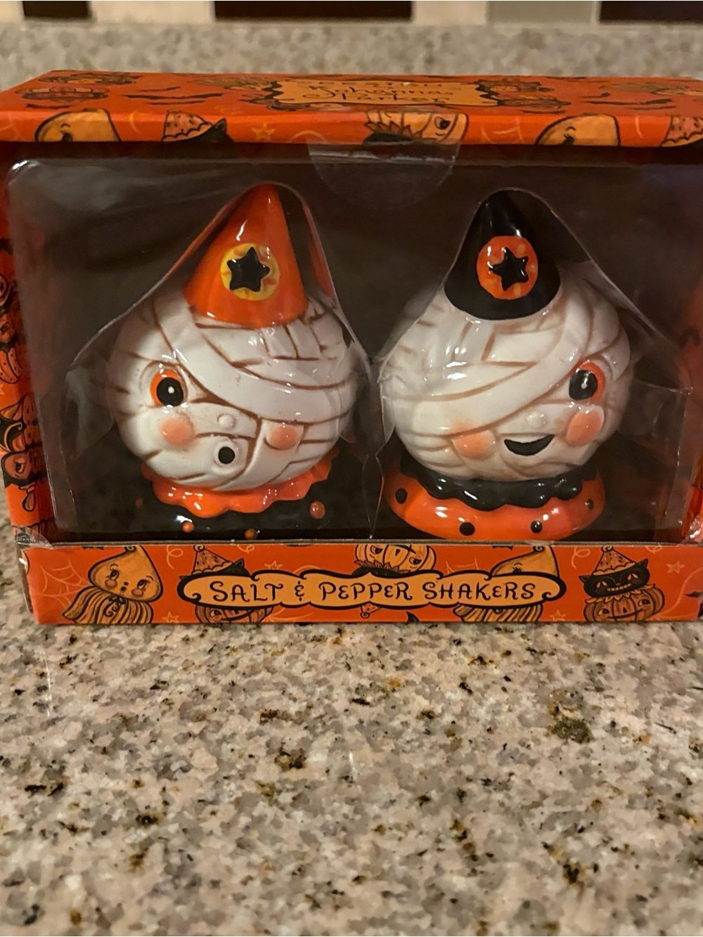 Transpac Johanna Parker Halloween Mummy Salt & Pepper Shakers - Orange & Black